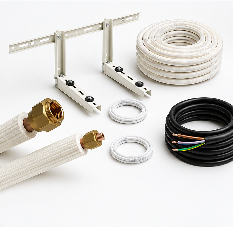 Compleet montagemateriaal: flare-leidingset, muurbeugel, condensafvoer en voedingskabel